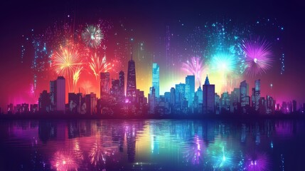 Vibrant Cityscape Illuminated by Festive Fireworks Display