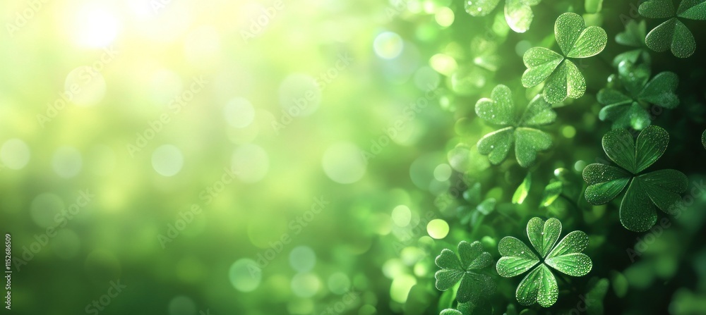 Aufkleber A close-up view of lush green clovers with soft light and bokeh effect.