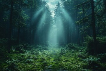 Misty forest path, sunbeams breaking through.
