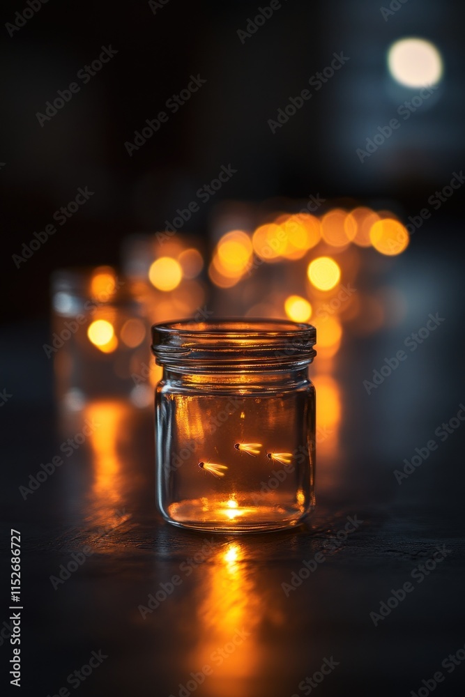 Aufkleber a close-up of a glass jar with a warm glow, surrounded by softly lit jars in the background.
