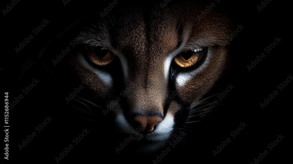 Poster a close-up of a cat's face, highlighting its intense gaze and striking features against a dark backg