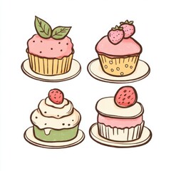 Colorful Hand-Drawn Cupcakes with Fresh Toppings Ideal for Dessert-themed Illustrations and Designs