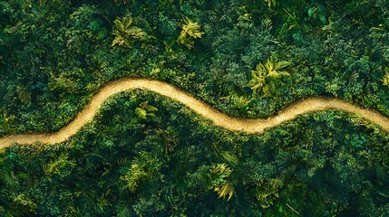 A drone perspective of a winding trail cutting through a dense rainforest