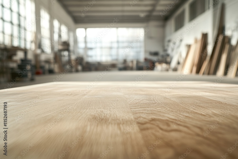 Poster A wooden surface in a spacious workshop with natural light and various materials in the background.