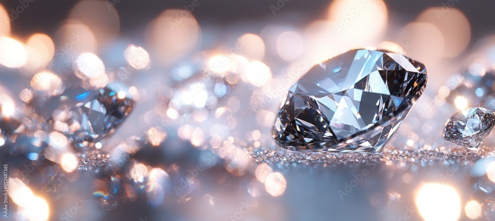 Poster a close-up view of sparkling diamonds on a reflective surface, showcasing their brilliance.