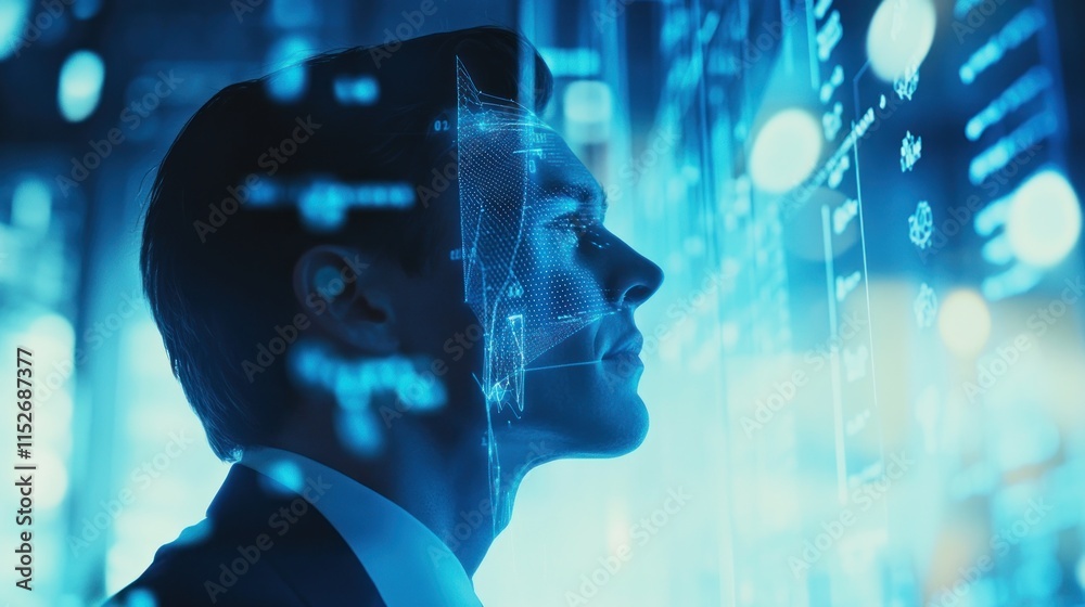 Poster A profile of a man with digital data visuals, symbolizing technology and innovation.