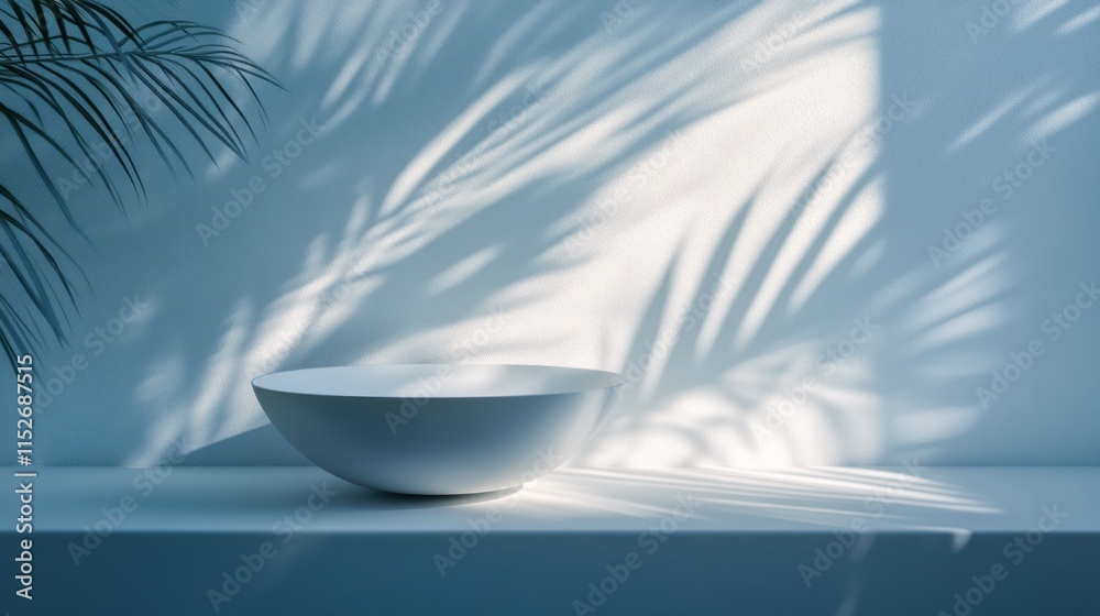 Poster A minimalist bowl on a surface with soft shadows from palm leaves, creating a serene atmosphere.