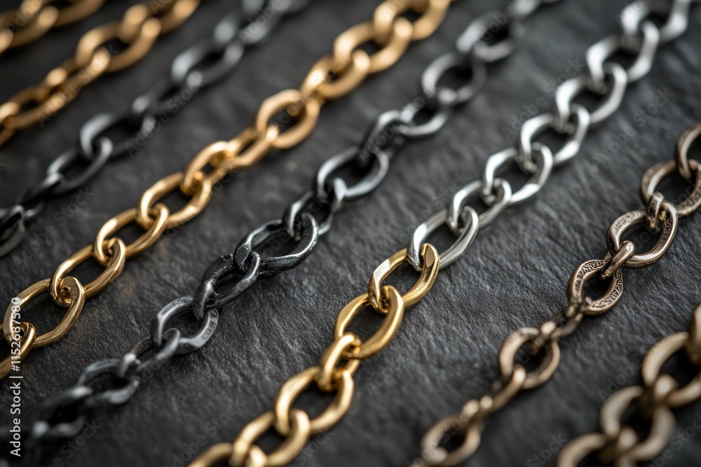 Aufkleber a close-up of various metal chains in different colors and finishes.