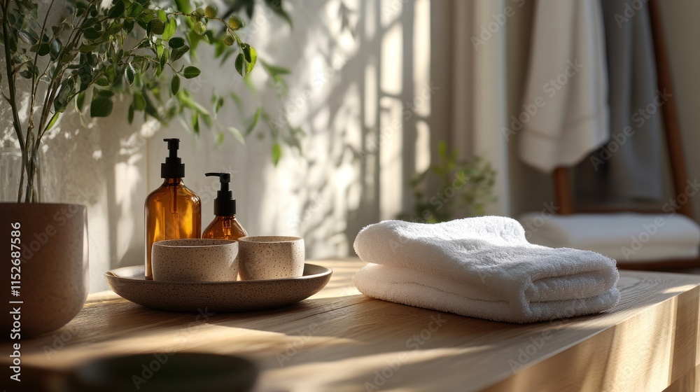 Poster a serene bathroom setting with towels and natural decor emphasizing relaxation and cleanliness.