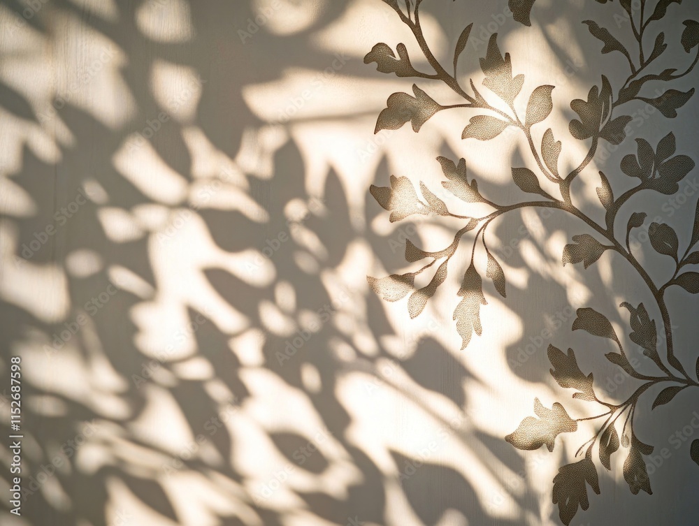 Poster A delicate shadow pattern of leaves cast on a wall, creating a serene atmosphere.