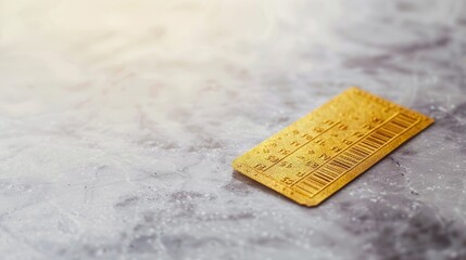 Golden lottery ticket with sparkling numbers on smooth marble surface, symbolizing luck and fortune, clean focused image with ample copy space.	