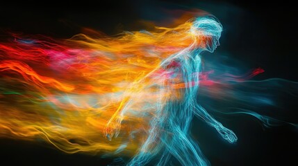 Ethereal glowing figure with light trails and long exposure effect: luminous energy, spectral art, futuristic motion