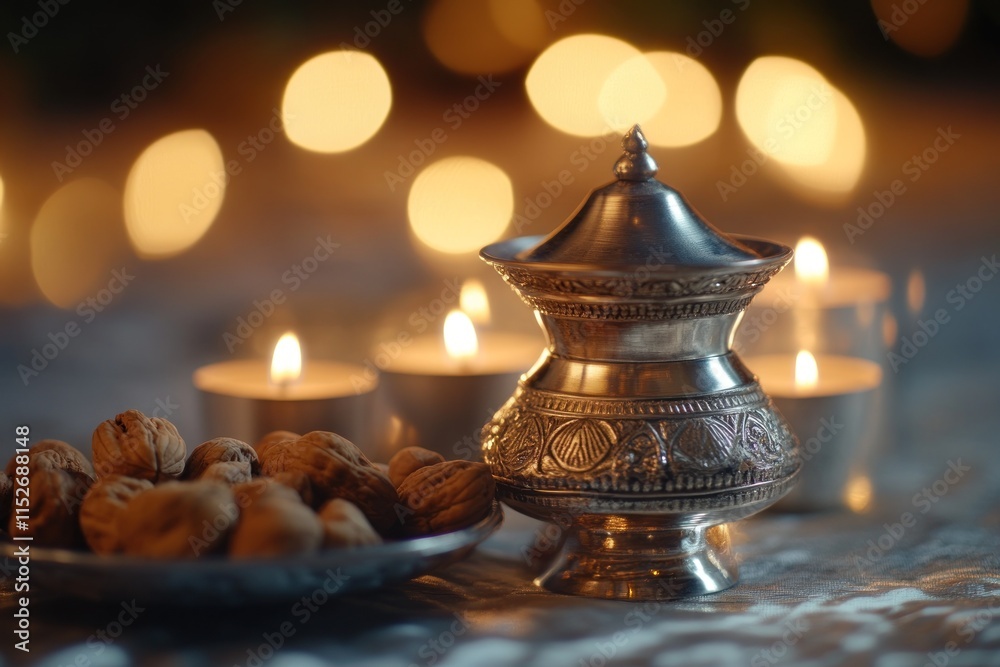 Aufkleber a silver decorative container beside a plate of nuts, illuminated by soft candlelight.