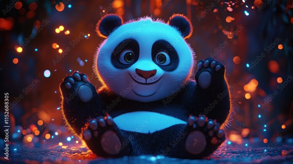 Poster a cute cartoon panda sitting playfully with a joyful expression in a colorful environment.