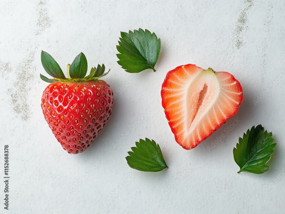 Poster a fresh strawberry and its halved counterpart with green leaves on a light background.