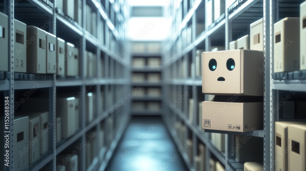 Poster a storage area filled with boxes, featuring a surprised box character with eyes.