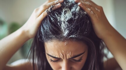Naklejka premium Woman applying powder to oily hair. Illustrates hair care tips and solutions for greasy hair.