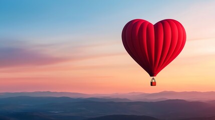 Obraz premium A vibrant red heart-shaped hot air balloon floats against a colorful sunset, symbolizing love and adventure in a serene sky.