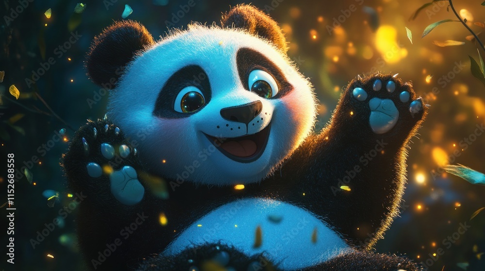 Poster a cheerful cartoon panda with a joyful expression amidst a magical forest setting.