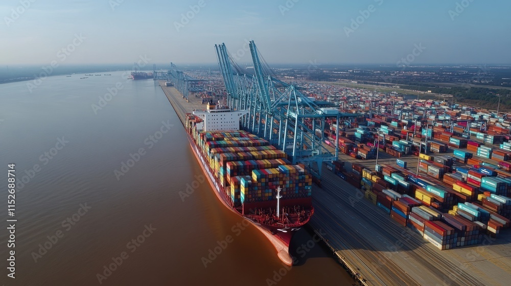 Poster aerial view of a cargo ship at a busy port, showcasing shipping containers and cranes.