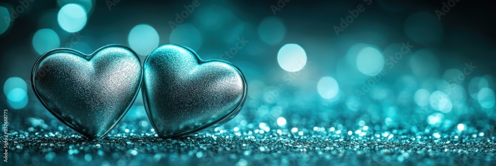 Poster Two metallic hearts on a sparkling surface with a soft bokeh background.