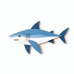 Obraz premium A playful, stylized paper shark illustration featuring a blue and white color palette, showcasing its fins and smiling expression.