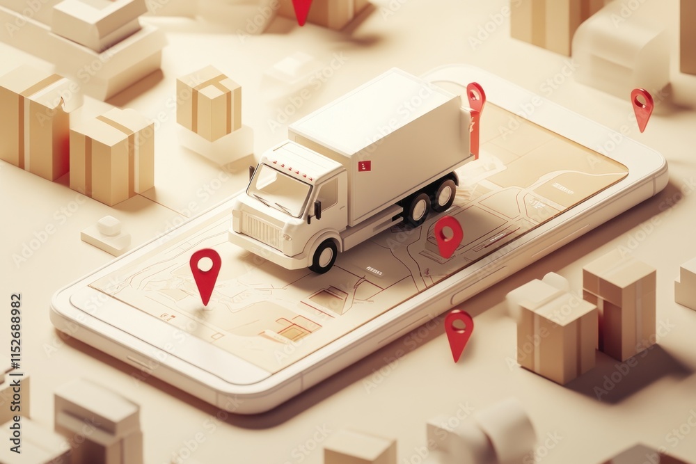 Poster a delivery truck on a smartphone map with location markers and packages around.