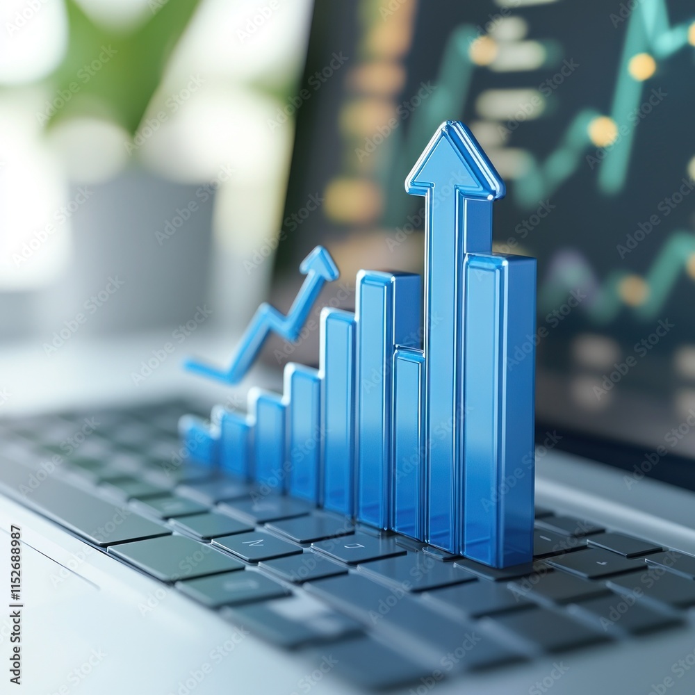 Poster A laptop displaying a 3D graph representing growth and analytics in a business context.