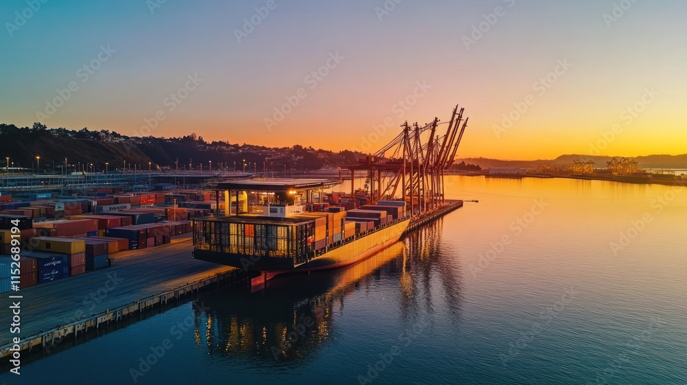 Aufkleber aerial view of a shipping port at sunset with containers and cranes.