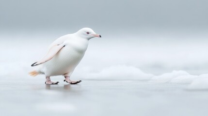 Obraz premium Albino penguin walking on ice, A rare albino penguin makes its way across an icy expanse, standing out against the cold white landscape. 