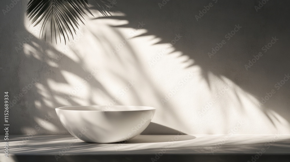 Aufkleber A minimalist bowl on a surface with soft shadows and palm leaves creating a serene atmosphere.