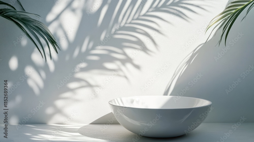 Poster A minimalist scene featuring a white bowl and shadow patterns from palm leaves.