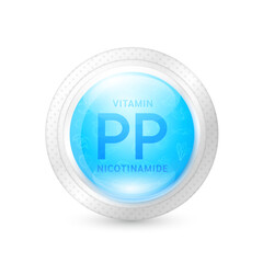 Vitamin PP or Nicotinamide in capsule transparent plastic on white background. Blue pill from fresh fruits rich in vitamins minerals. Natural alternative supplements. Vector 3D.