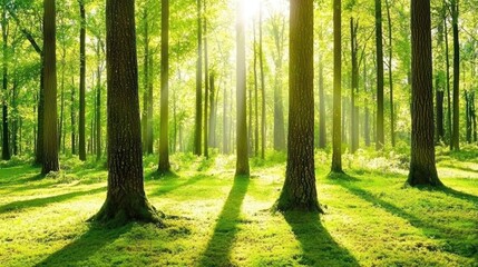 Obraz premium Sunlight filtering through trees in a serene forest landscape