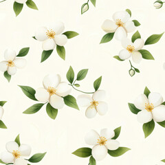 Fototapeta premium beautiful seamless pattern featuring white flowers and green leaves, perfect for fabric or wallpaper design. delicate floral arrangement adds fresh and elegant touch