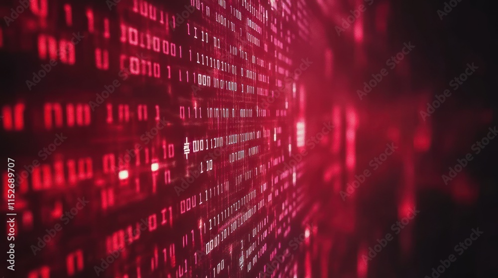 Poster A digital representation of binary code in red hues, symbolizing data and technology.