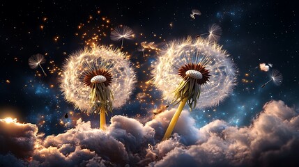 Glowing Dandelions in a Dreamlike Nightscape: Digital Fantasy Art AI Generated