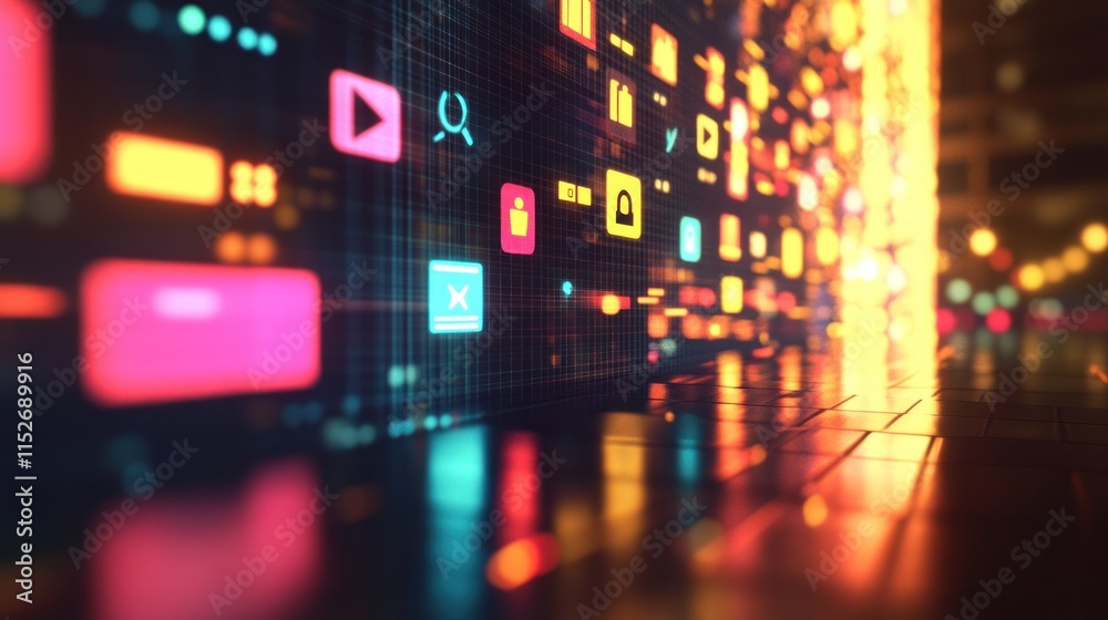 Fototapete Digital interface with colorful icons representing various applications and features.