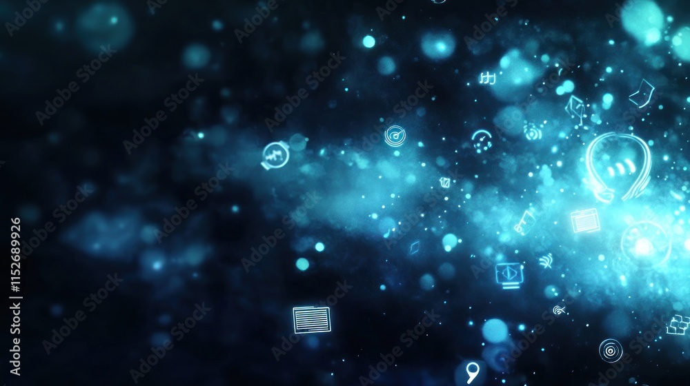 Poster Abstract digital background featuring icons and particles, symbolizing technology and connectivity.
