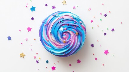 A colorful, swirled cake topped with sprinkles and stars, perfect for celebrations.
