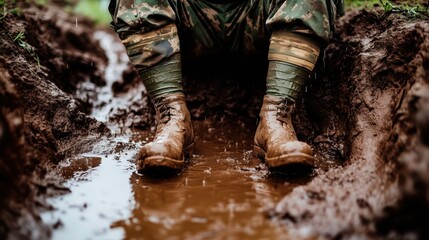 Mud-soaked military boots of a soldier standing in a trench under the rain