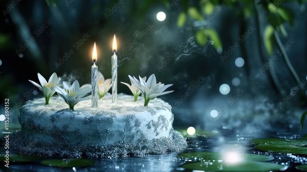 Poster a serene cake adorned with candles and flowers, floating on water, creating a tranquil atmosphere.