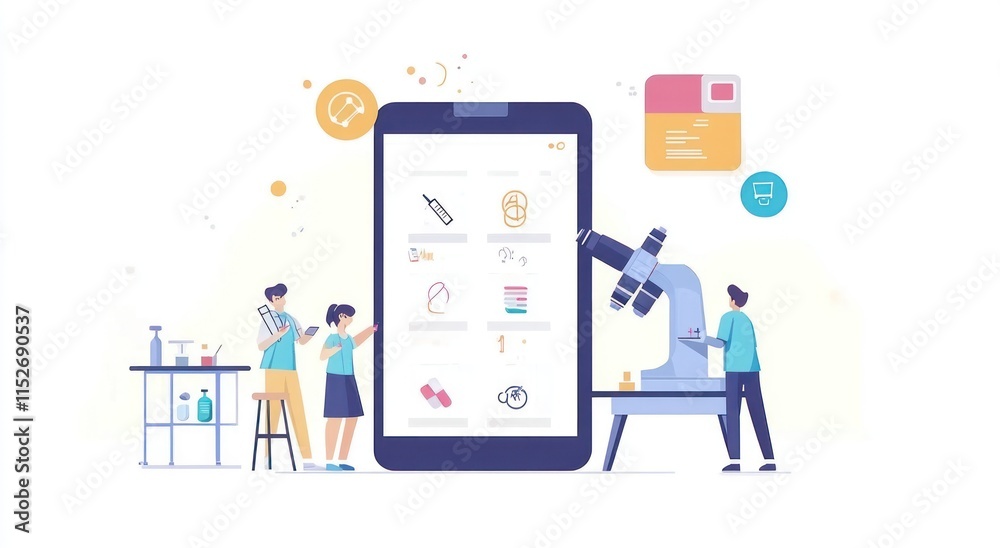 Poster illustration depicting a digital interface with a robotic arm and scientists engaged in research.