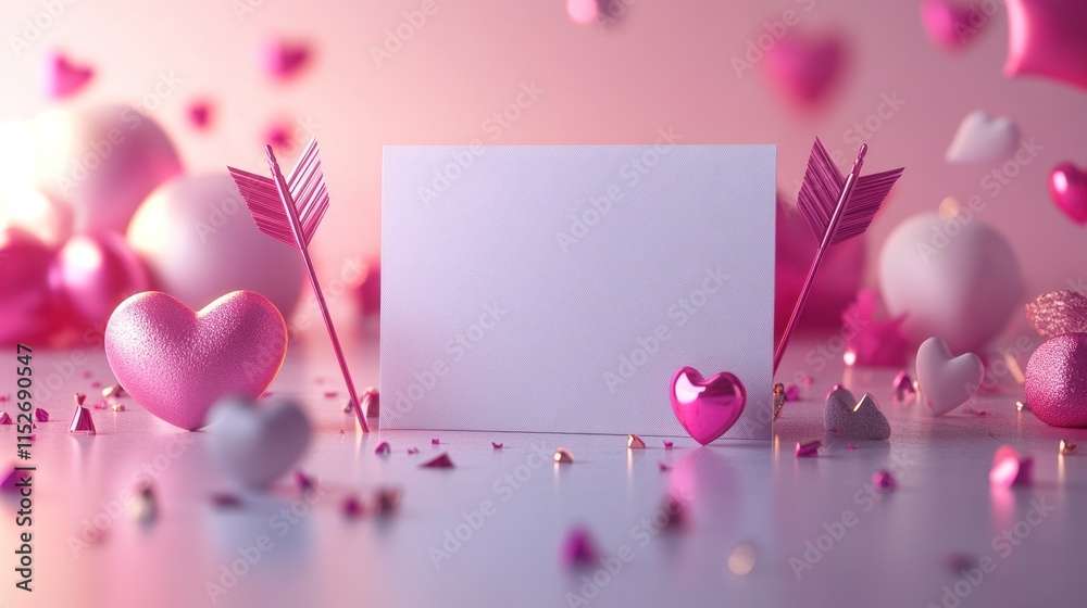 Poster a romantic scene with hearts and decorative elements surrounding a blank card for messages.