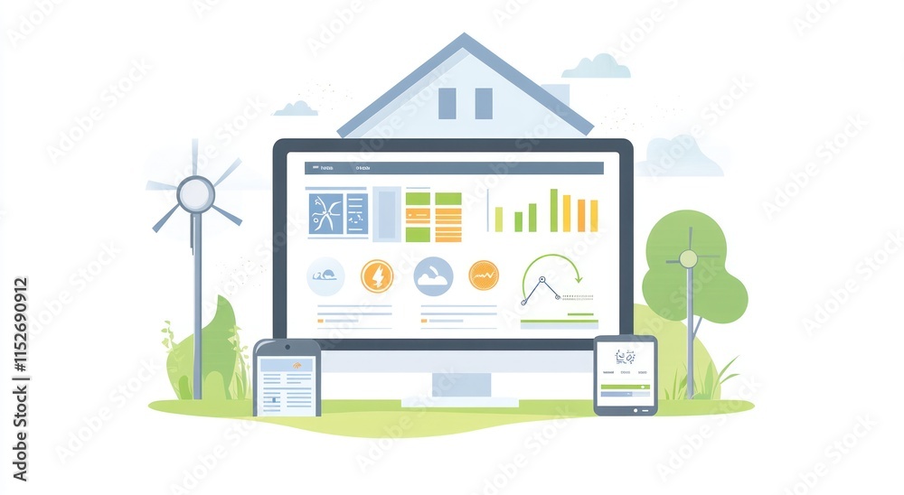 Poster Digital interface showing energy management with graphs and devices in a green landscape.