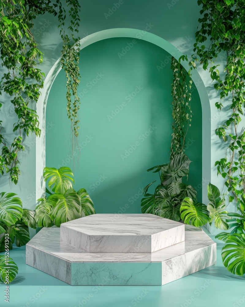 Aufkleber A serene display area with a marble pedestal surrounded by lush greenery and a teal backdrop.