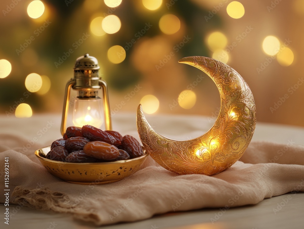 Poster A decorative crescent moon with lights beside a lantern and a bowl of dates, creating a warm ambiance.