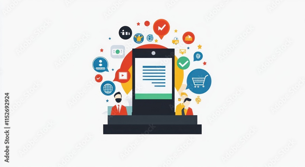 Poster digital communication and marketing concepts illustrated with icons around a smartphone.