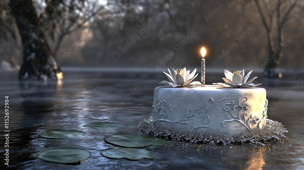 Poster a serene cake adorned with candles and lilies, floating on a misty water surface.