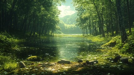 Fototapeta premium Serene forest stream, lush green, tranquil.